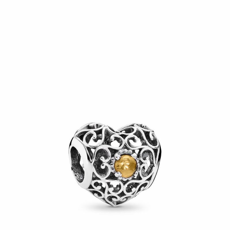 Pandora November Signature Heart Charm - Sterling Silver/Yellow/Citrine - Canada | VU7812UJ